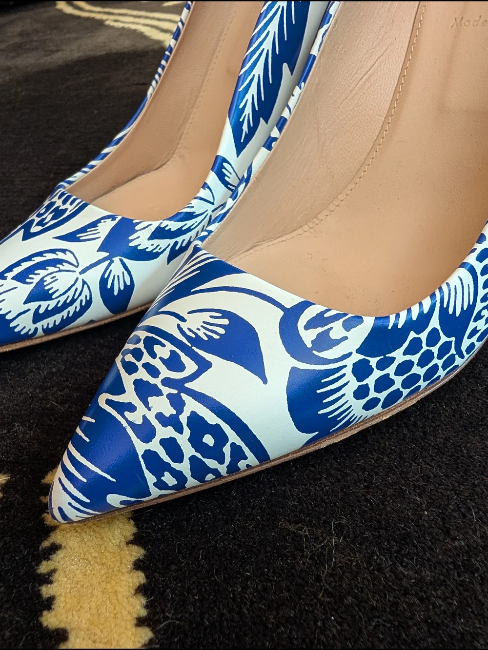 J. Crew Blue and White Floral Pointed-Toe Leather Pumps